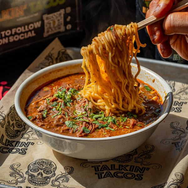 Chopsticks lifting steaming birria ramen noodles from a bowl of rich broth and shredded meat.