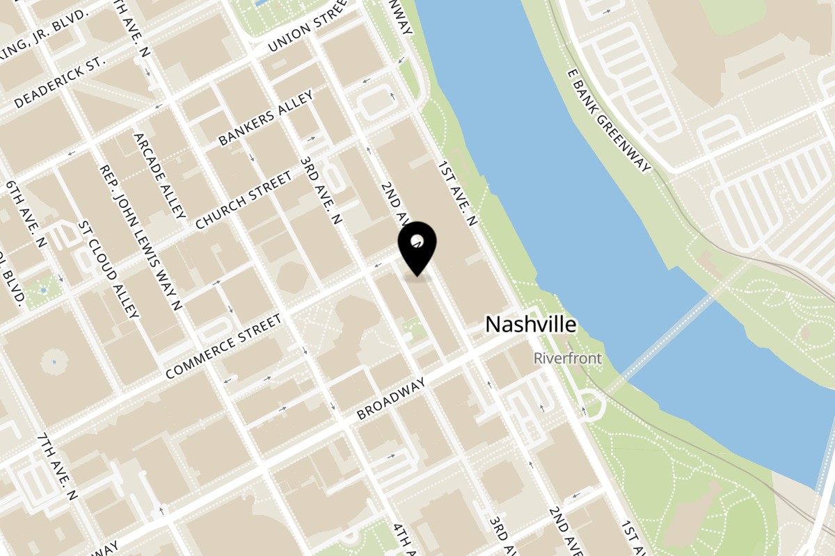 Map showing the location of Talkin' Tacos Nashville on 135 2nd Ave N in Nashville